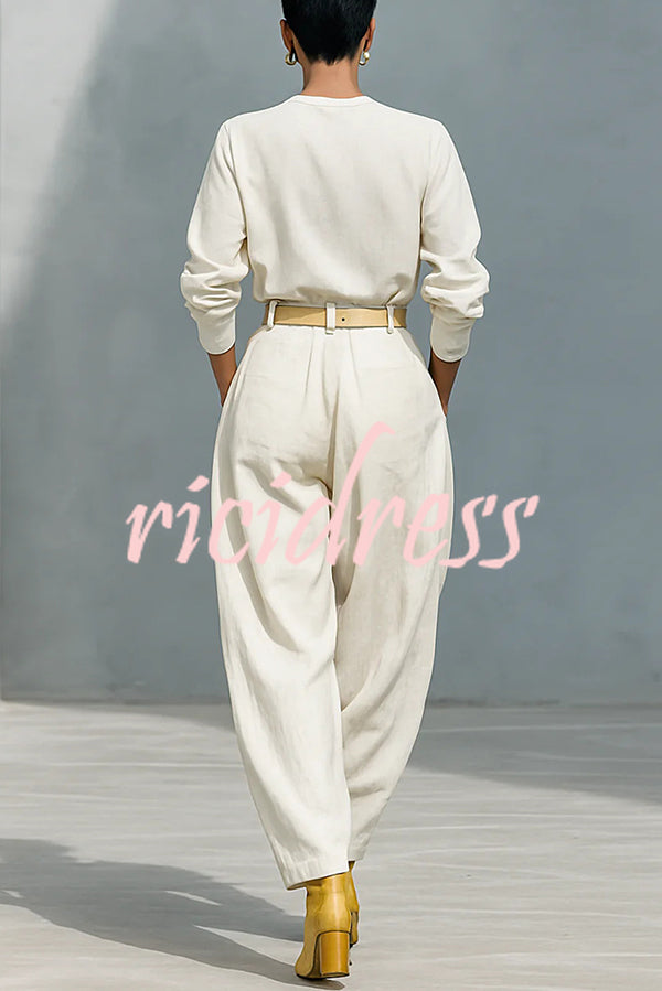 Fashionable Round Neck Long-sleeved Casual Top and High Waist Pocket Loose Wide-leg Pants Set