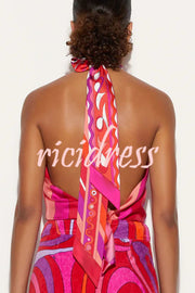 Ansela Unique Print Halter Tie-up Neck Tank and Stretch Pocket Ruffles Trim Shorts Set