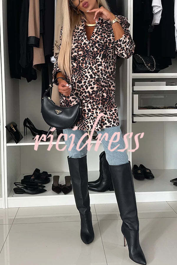 Choose Unique Leopard Print Lapel Long Sleeve Relaxed Blazer