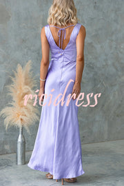 Chic Muse Satin Solid Color Cowl Neck Back Tie-up Maxi Dress
