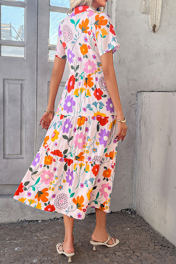 Bohemian Resort Style Print Casual Short Sleeve Button Midi Dress