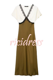 Fashionable Contrast Color V-neck Lace Stitching Maxi Dress