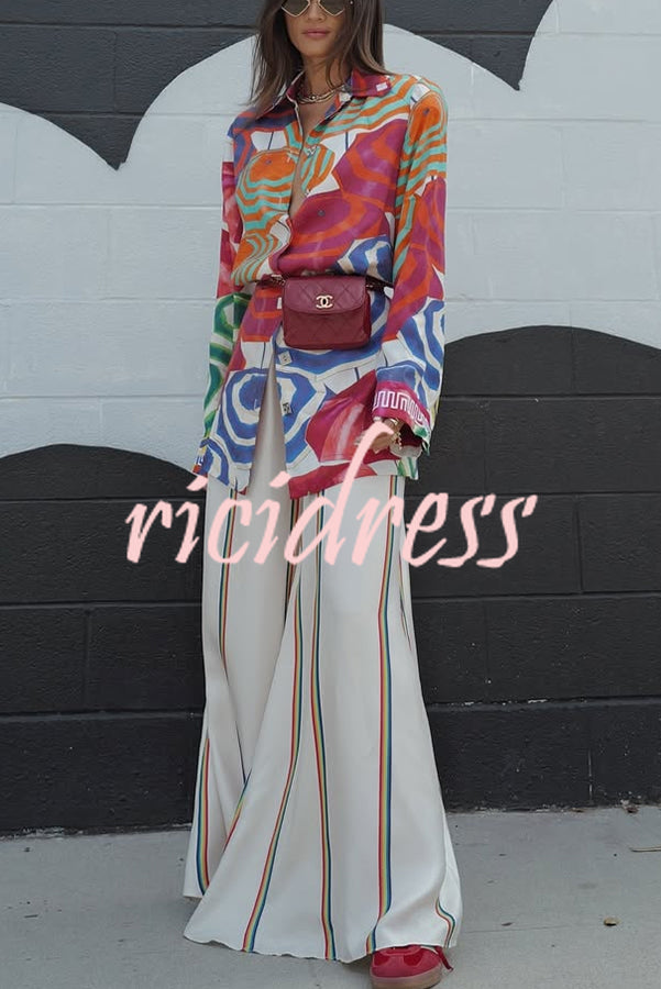 Ellah Satin Rainbow Stripe Print Drawstring Elastic Waist Pocket Wide Leg Pants