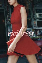 Solid Color Round Neck Sleeveless Waist Mini Dress