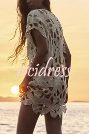 Fashion Crochet Hollow Loose Beach Cover-up Mini Dress