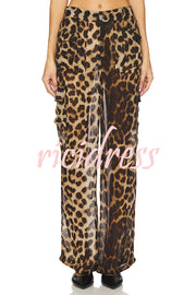 Minka Chiffon Leopard Elastic Waist Pocketed Loose Cargo Pants