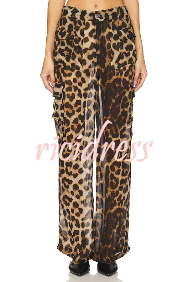 Minka Chiffon Leopard Elastic Waist Pocketed Loose Cargo Pants