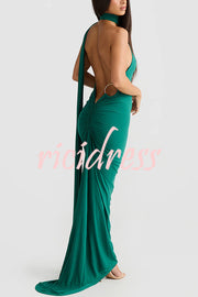 Sexy Backless Pleated Slim Solid Color Sleeveless Elegant Maxi Dress