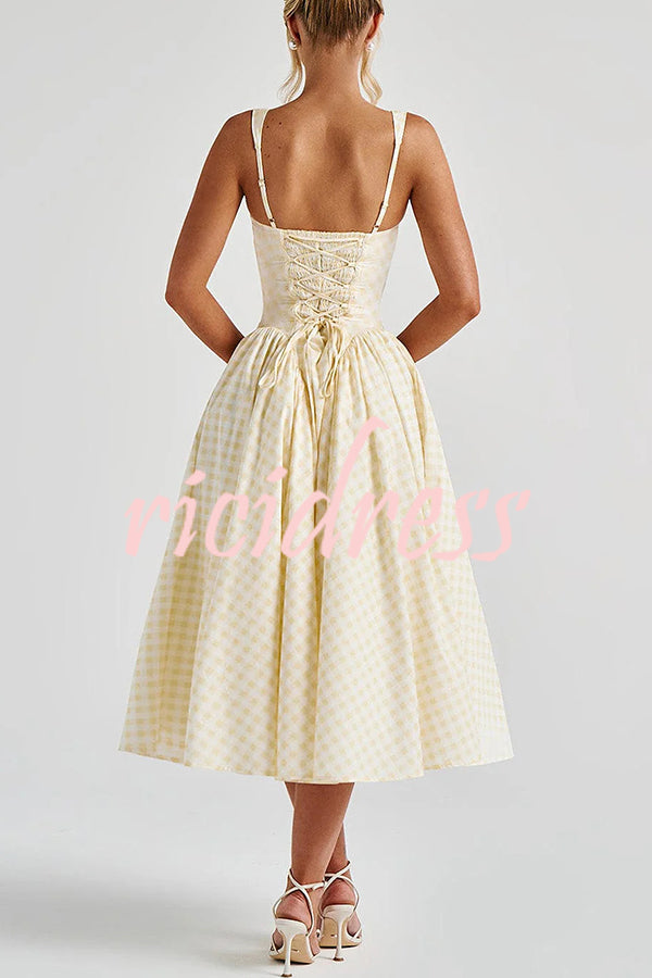 Playful Elf Gingham Square Neck Back Smocked Lace-up Midi Dress