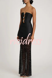 Nerissa Satin cutout metal ball Patchwork sequin hem strapless maxi dress