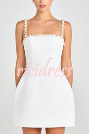 Lovers Kiss Pearl Trim Straps Pocketed Tulip Style Mini Dress