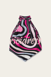 Naughty Lady Satin Unique Print Halter Tie-up Tank and Irregular Hem Mini Skirt Set