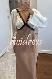 Lainei Contrast Color Satin Lace Trim V-neck Long Sleeve Maxi Dress