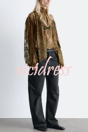 Reigna Semi-sheer Floral Lace Bow Neck Balloon Sleeve Loose Blouse