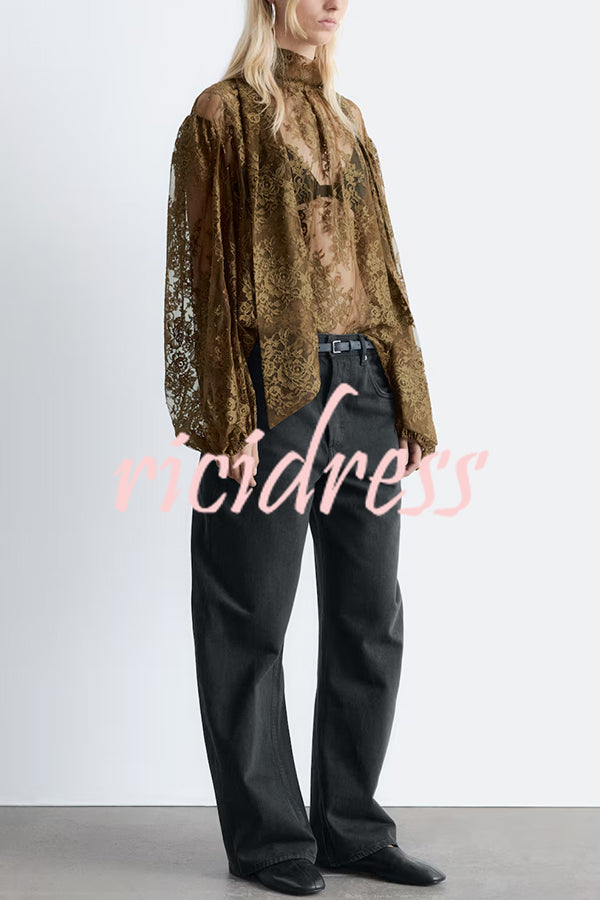 Reigna Semi-sheer Floral Lace Bow Neck Balloon Sleeve Loose Blouse