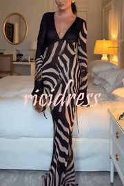 City Night Chiffon Colorblock Animal Print Tie-up Long Sleeve Maxi Dress