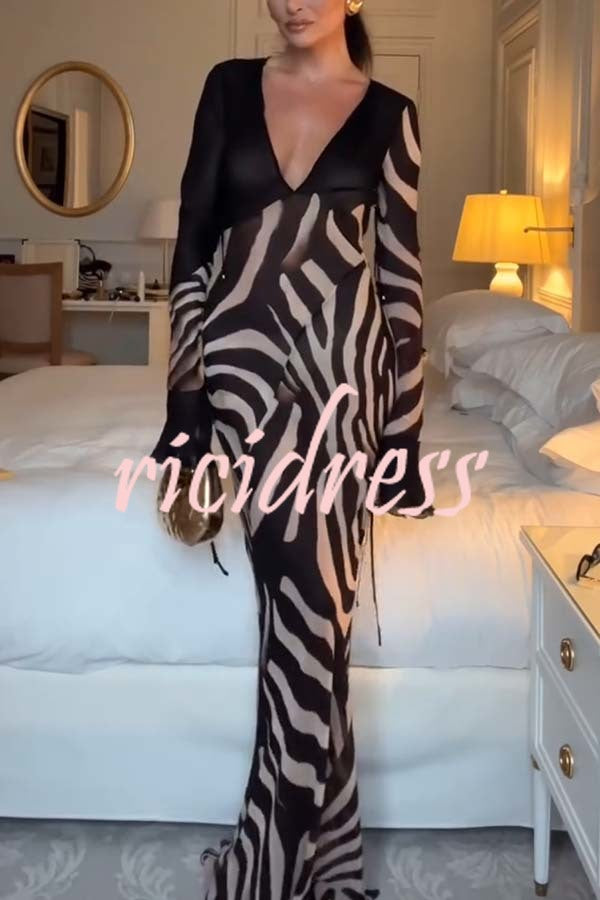 City Night Chiffon Colorblock Animal Print Tie-up Long Sleeve Maxi Dress