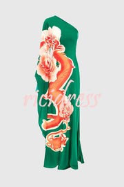 Elegance and Grace Satin Dragon Print One Shoulder Drape Sleeve Maxi Dress