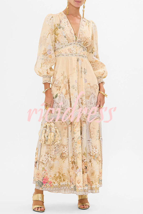 Fairy Tale Print V-Neck Lantern Sleeve Waist Maxi Dress
