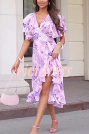 Unique Printed V-neck Ruffled Loose Midi Dress