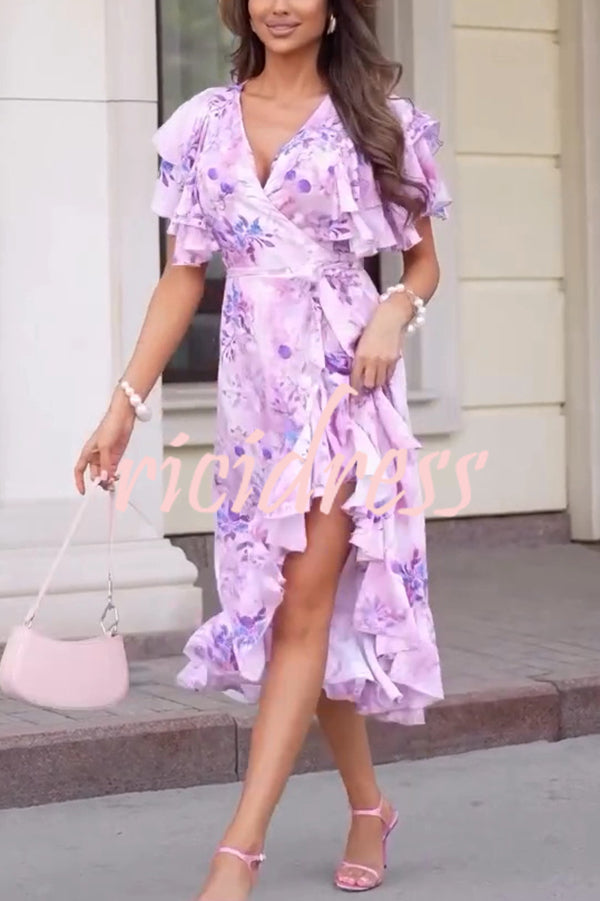 Unique Printed V-neck Ruffled Loose Midi Dress