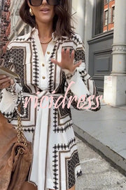Hildie Unique Print Epaulettes Long Sleeve Flap Pockets Tie-up Waist Shirt Mini Dress
