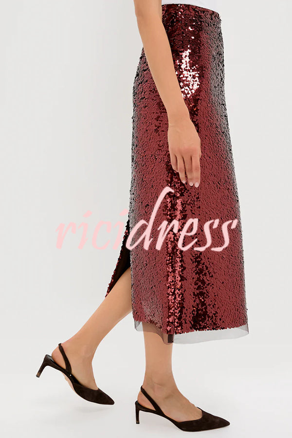 Upper East Chic Sequin Mesh Trim High Rise Slit Pencil Midi Skirt