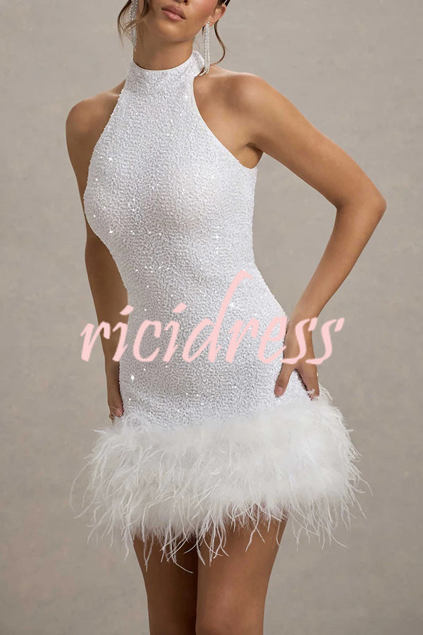 Dazzling and Playful Sequin High Neck Feather Trim Stretch Mini Dress