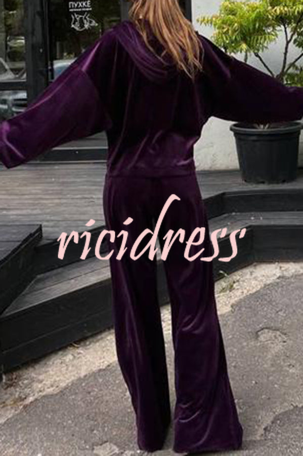 Velvet Zip Up Hooded Top and Drawstring Pants Two Piece Set