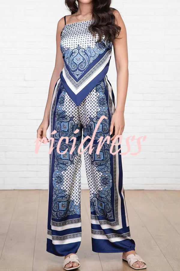 Unique Printed Sling Backless Strappy Top and Elastic Waisted Loose Pants Set