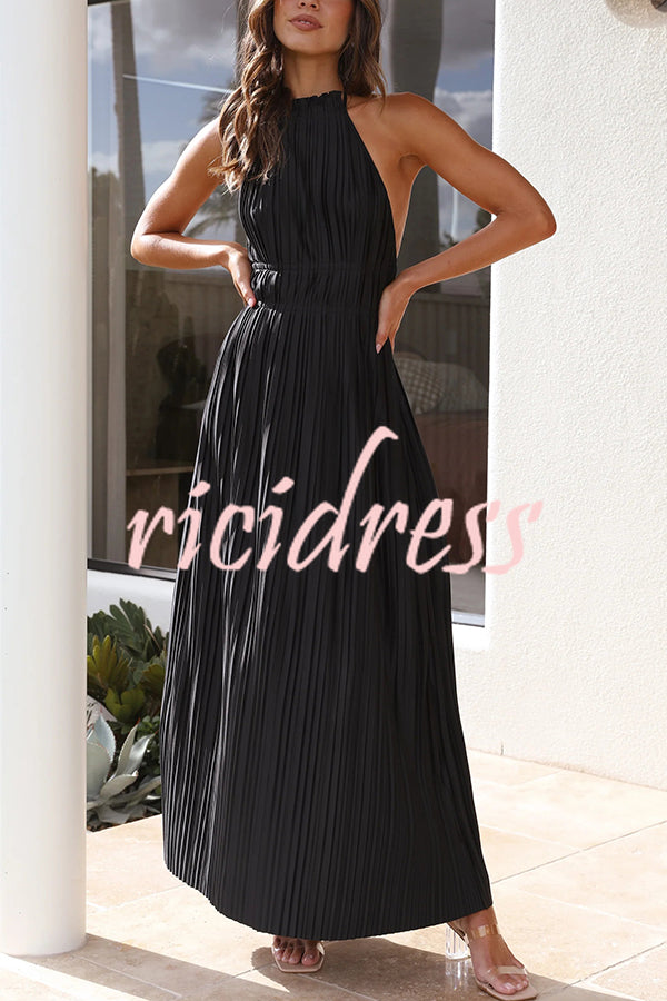 Frances Pleated Textured Fabric Halter Backless Elastic Strap Maxi Dress