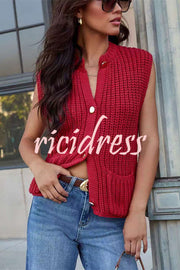 Solid Color Sleeveless Button Pocket Knit Vest