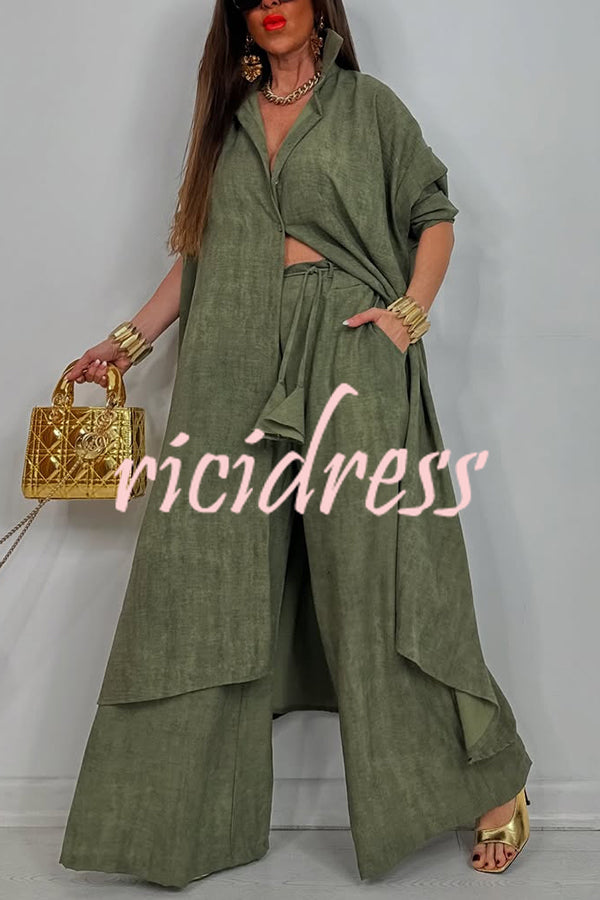 Solid Color Casual Loose Long Shirt and Elastic Waist Pocket Wide Leg Pants Set