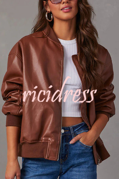 Solid Color Long Sleeve Loose Pocket Leather Jacket