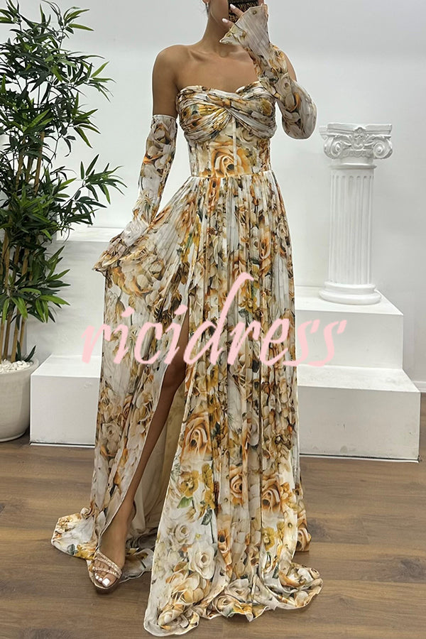 Reina Chiffon Floral Print Pleated Bodice Split Sleeve Strapless Slit Maxi Dress