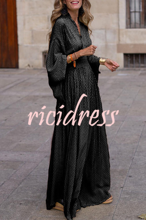 Geometric Print V Neck Long Sleeve Maxi Dress