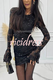 Deep and Dazzling Floral Texture Sequin Long Bell Sleeve Open Back Mini Dress