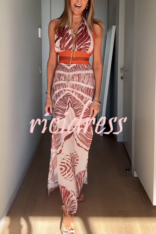 Vacay Bound Linen Blend Unique Botanical Print Halter Maxi Dress