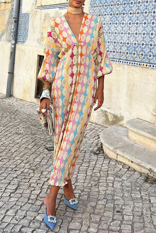 Gorgeous Sunshine Colorful Unique Print Kimono Puff Sleeve Midi Dress