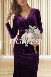 Solid Color Velvet Long Sleeve V-neck Slim Fit Fishtail Maxi Dress