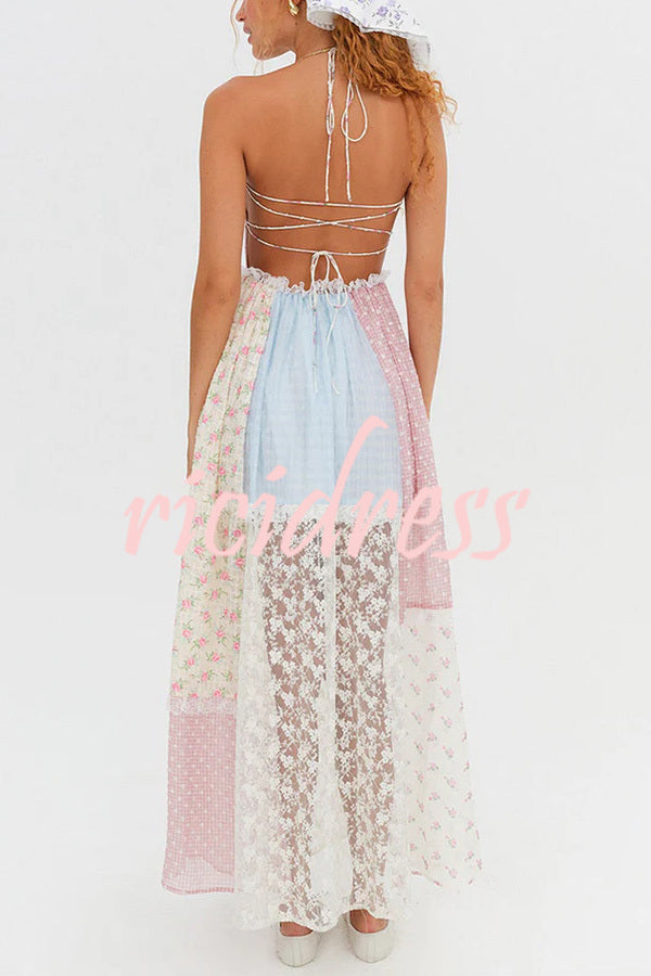 Floral Lace Sexy Halterneck Backless Patchwork Maxi Dress