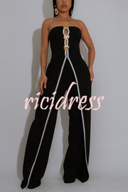 Fashionable Contrast Color Off-shoulder Metal Decoration Casual Elegant Jumpsuit