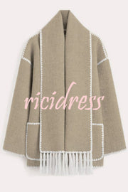 Stylish Loose Pocket Long Sleeve Coat and Warm Fringed Scarf