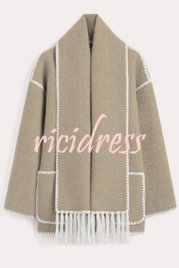 Stylish Loose Pocket Long Sleeve Coat and Warm Fringed Scarf