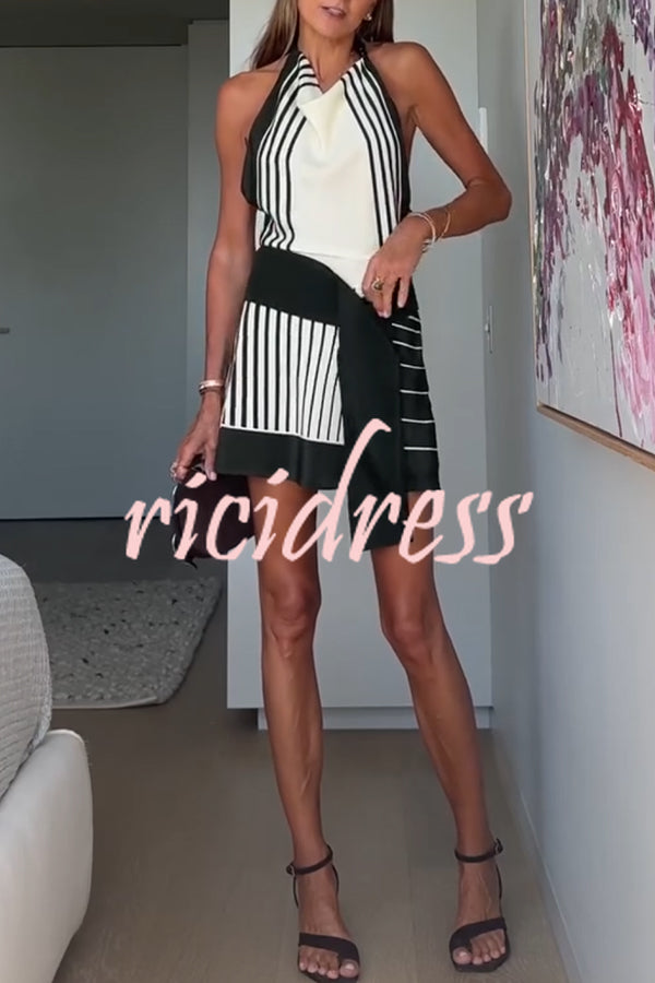 Summer Event⁠ Striped Beads Cowl Neck Backless Tie-up Mini Dress