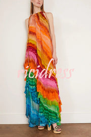 Rosha Georgette Crepe Tie-dye Print Layered Ruffles A-line Maxi Dress