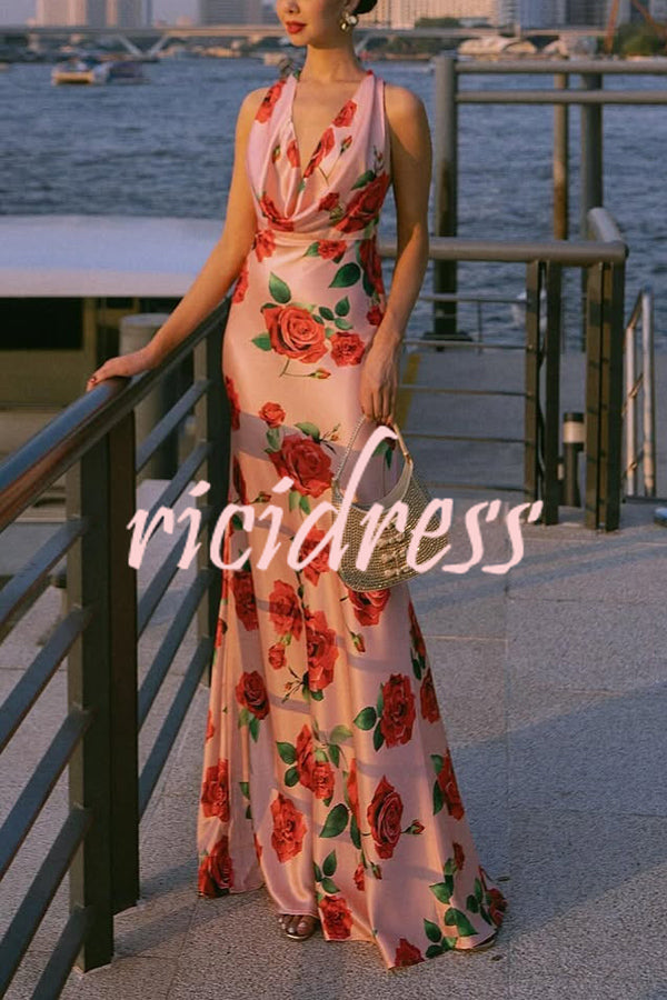 Rose Print Sexy Halter Neck Strappy Backless Slim Fit Maxi Dress