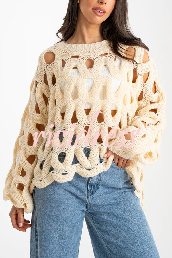 Solid Color Casual Hollow Long-sleeved Holiday Knitted Sweater