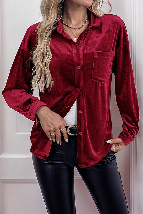 Solid Color Velvet Casual Lapel Pocket Loose Shirt