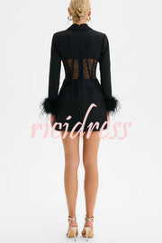 GIA Lace Corset Waist Feather Sleeve Structured Lapel Blazer Mini Dress